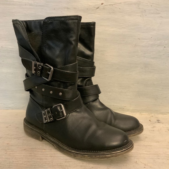 Kohls Shoes - Kohl's Faux Leather Katsura Black Strappy Buckle Embellished Moto Boots 9M GC